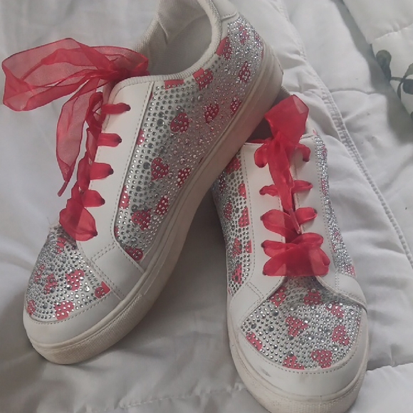 Cato Shoes - Cato White Sneakers with Pink Heart Accents and Red Ribbon Laces